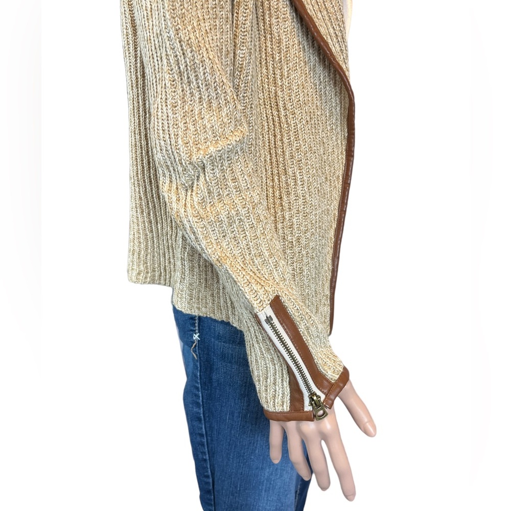 NWOT Lucky Brand Open Faux Leather Edged Sweater, Browns |M - Picture 7 of 15